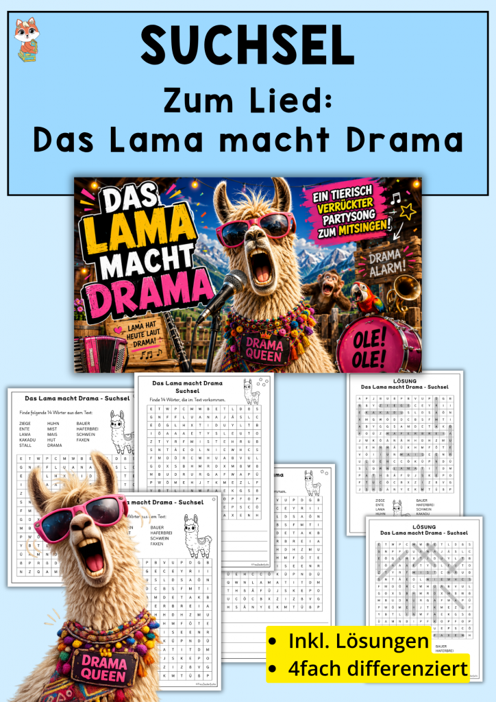 Das Lama macht Drama, kostenloses Suchsel zum Kinderlied