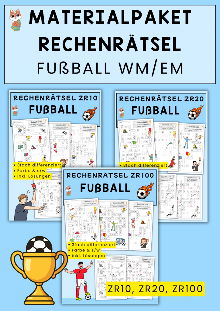 Materialpaket differenzierte Rechenrätsel Fußball, Freiarbeitsmaterial, Zahlenraum 10 bis 100
